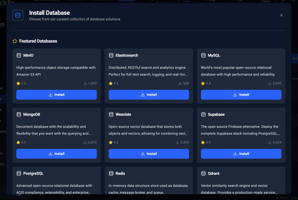 Stack8s marketplace and install database interface